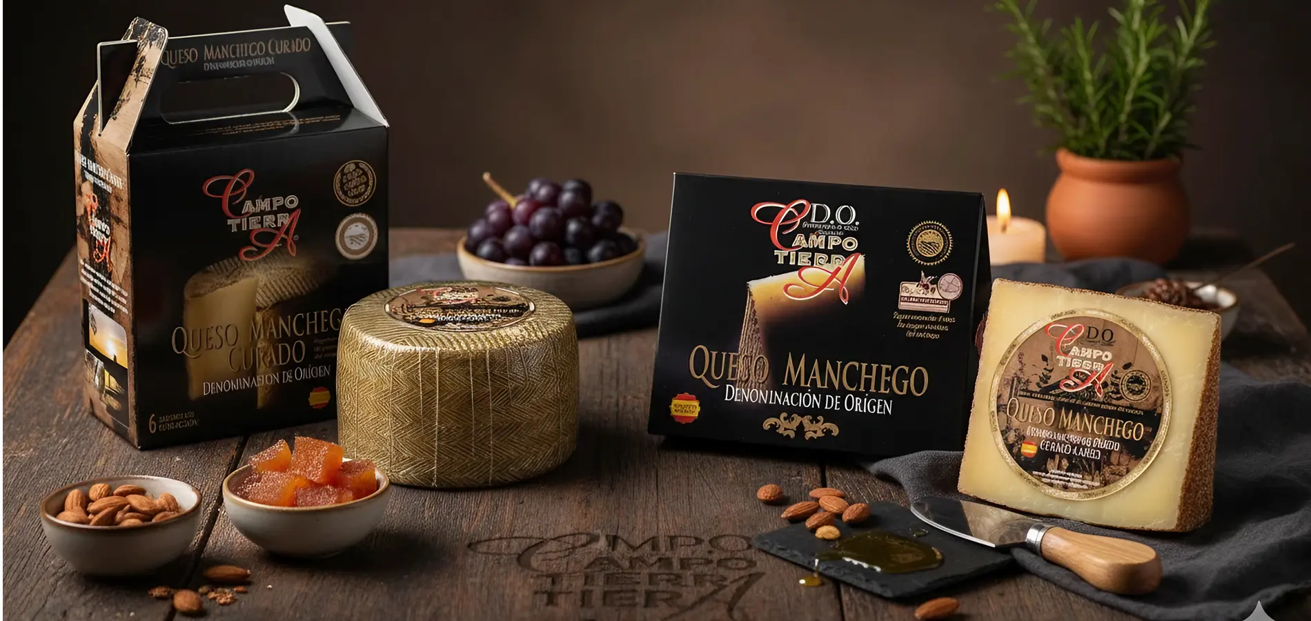 Queso Manchego curado con Denominación de Origen Campo de Tierra, producto gourmet español para exportación B2B