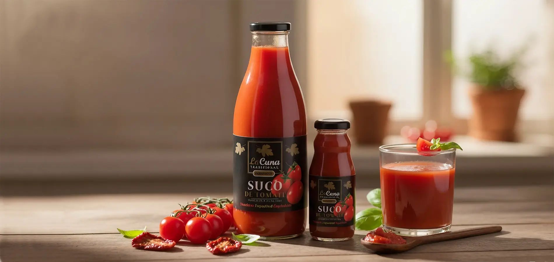 Zumo de tomate gourmet La Cuna Tradicional, producto artesanal español para exportación B2B