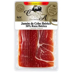 JAMÓN DE CEBO IBÉRICO 50% RAZA IBÉRICA LONCHEADO. CAMPO TIERRA 100GR C/P