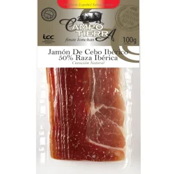 JAMÓN DE CEBO IBÉRICO 50% RAZA IBÉRICA LONCHEADO. CAMPO TIERRA 100GR C/P