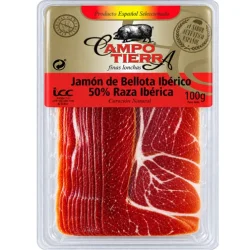 JAMÓN DE BELLOTA IBÉRICO 50% RAZA IBÉRICA LONCHEADO CAMPO TIERRA 100 GR C/P