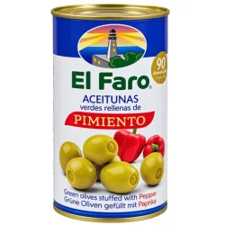 ACEITUNA MANZANILLA RELLENA CON PIMIENTO ROJO ASADO EL FARO 350 GR