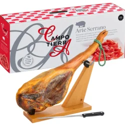KIT JAMÓN SERRANO BODEGA CAMPO TIERRA PZA 7 KG + JAMONERA Y CUCHILLO