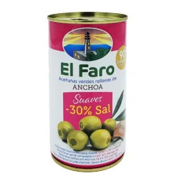 ACEITUNA MANZANILLA RELLENA CON ANCHOA BAJO EN SAL EL FARO 350 GR