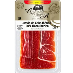 JAMÓN DE CEBO IBÉRICO 50% RAZA IBÉRICA LONCHEADO. CAMPO TIERRA 100GR C/P